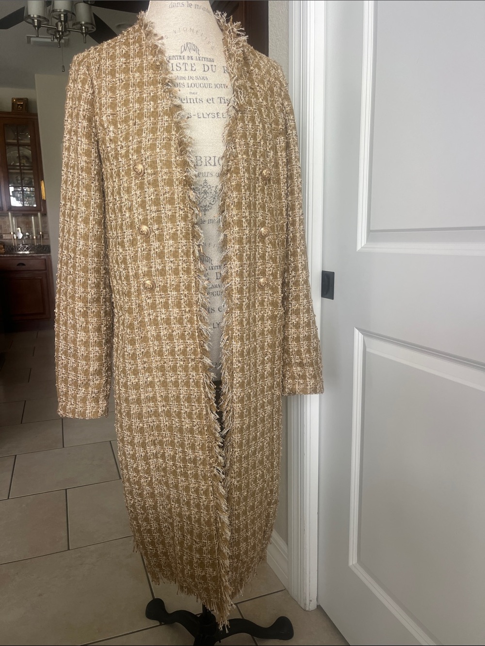 NWOT Elie Tahari metallic gold "Sparkle Desert plaid" Tweed open front blazer M